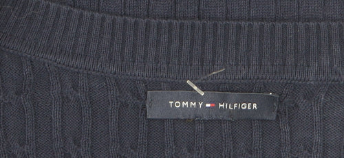 Tommy Hilfiger Men's Blue V-Neck Cable-Knit Cotton Jumper M