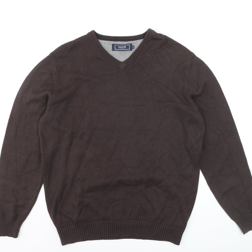 Maine New England Men's Brown Cotton V-Neck Jumper Size M
