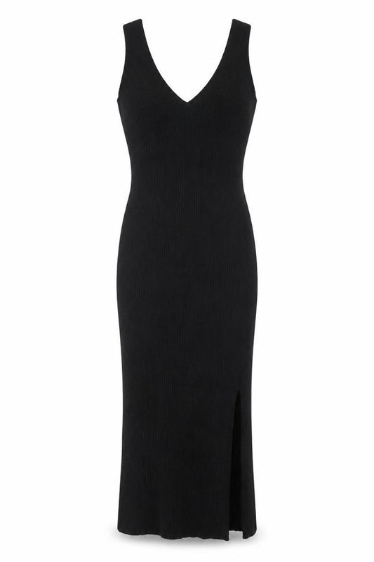 Front view of PRETTYLITTLETHING Women Black S Bodycon Ribbed Knit Midi Dress