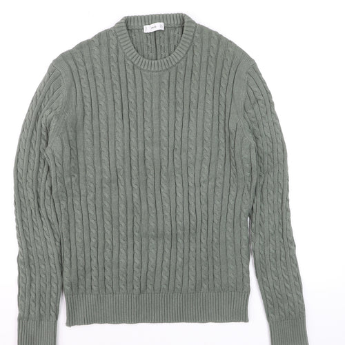 MNG Men's Green Cable-Knit Cotton Jumper Size M