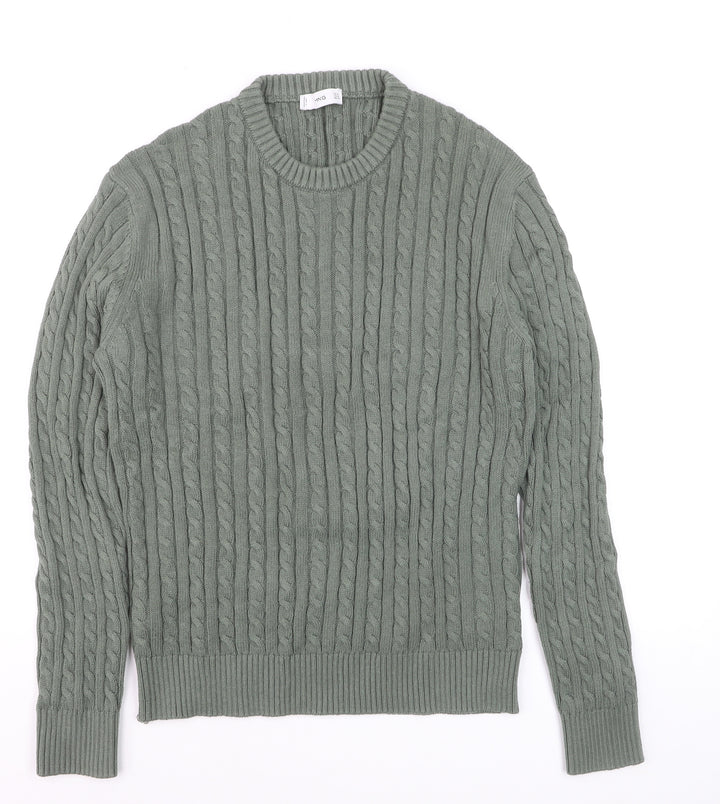MNG Men's Green Cable-Knit Cotton Jumper Size M