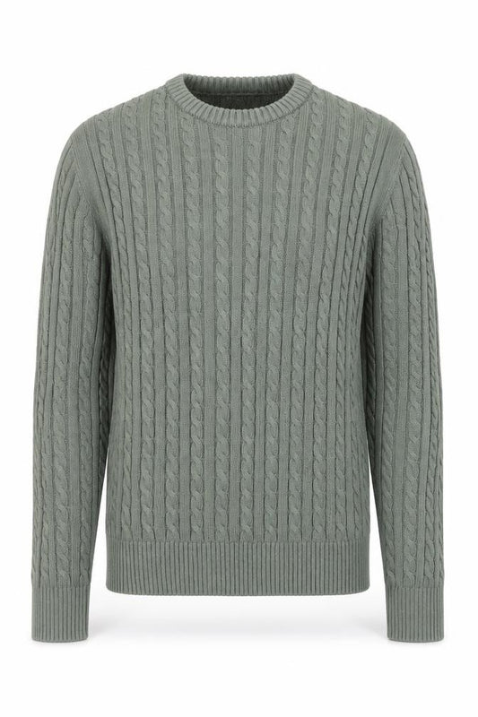 Front view of Mango Men's Green Cable-Knit Cotton Jumper, size M