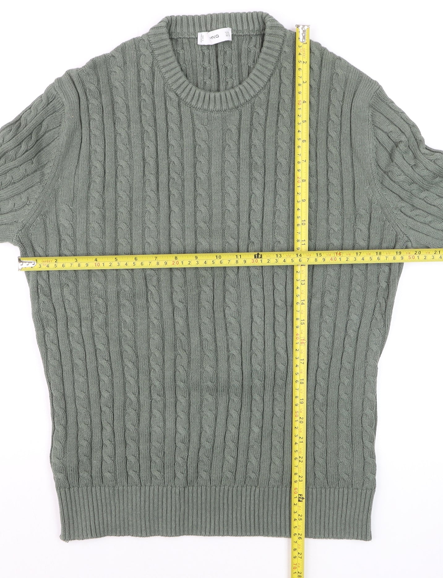 MNG Men's Green Cable-Knit Cotton Jumper Size M