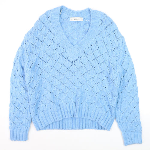 ZARA Women Blue V-Neck Open-Knit Acrylic Jumper Size 8