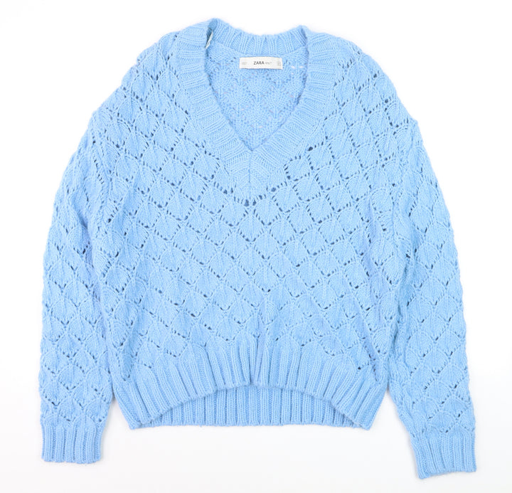 ZARA Women Blue V-Neck Open-Knit Acrylic Jumper Size 8