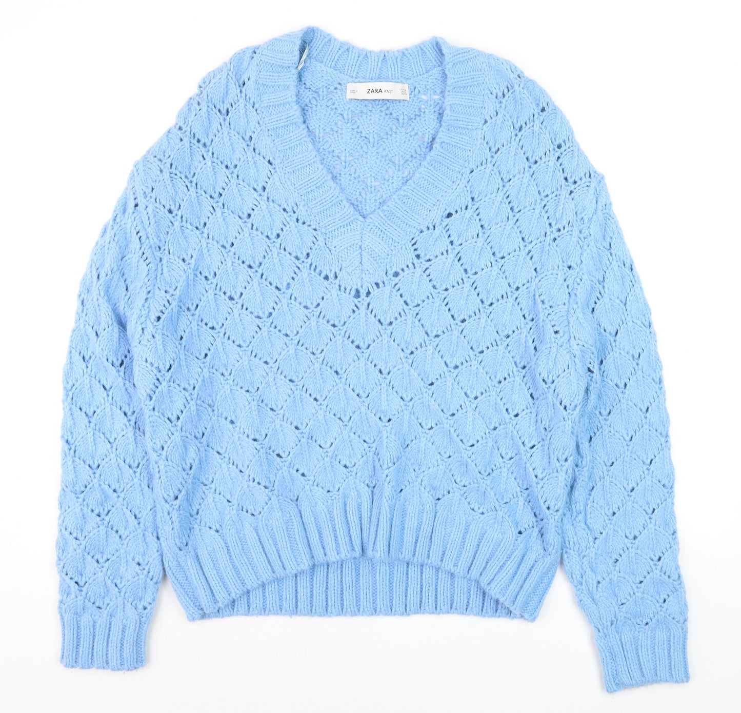 ZARA Women Blue V-Neck Open-Knit Acrylic Jumper Size 8