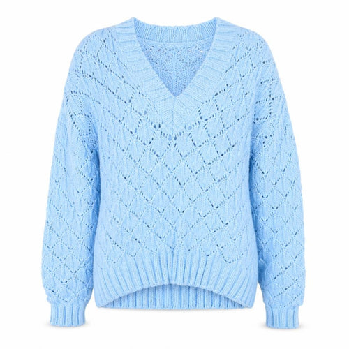 ZARA Women Blue V-Neck Open-Knit Acrylic Jumper Size 8