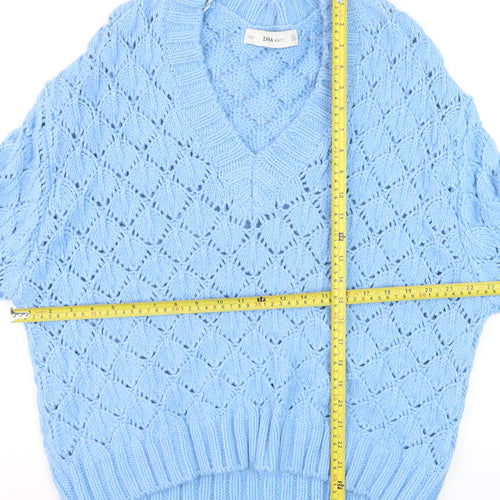 ZARA Women Blue V-Neck Open-Knit Acrylic Jumper Size 8
