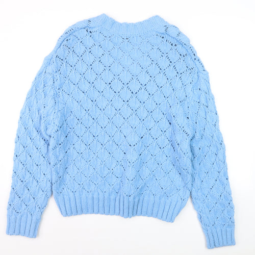 ZARA Women Blue V-Neck Open-Knit Acrylic Jumper Size 8