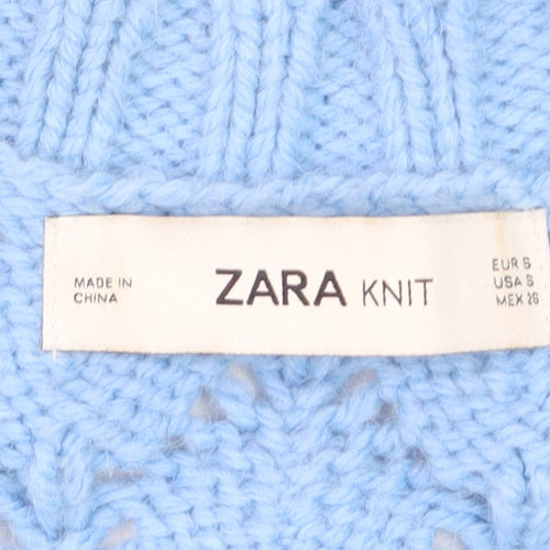 ZARA Women Blue V-Neck Open-Knit Acrylic Jumper Size 8