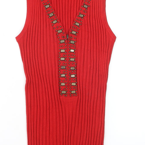 Fontana Women’s Red Knit Beaded Sleeveless V-Neck Tank Top Size S