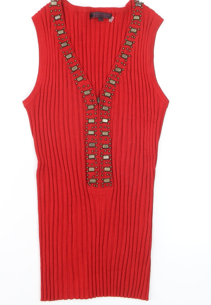 Fontana Women’s Red Knit Beaded Sleeveless V-Neck Tank Top Size S