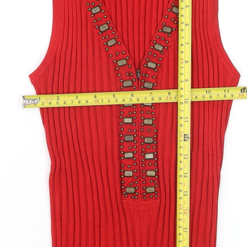 Fontana Women’s Red Knit Beaded Sleeveless V-Neck Tank Top Size S