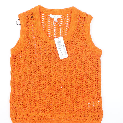 Marks and Spencer Women’s Orange Open Knit Sleeveless V-Neck Vest Jumper Size S