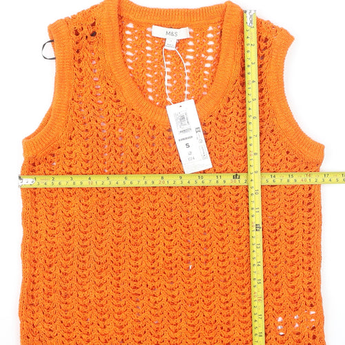 Marks and Spencer Women’s Orange Open Knit Sleeveless V-Neck Vest Jumper Size S