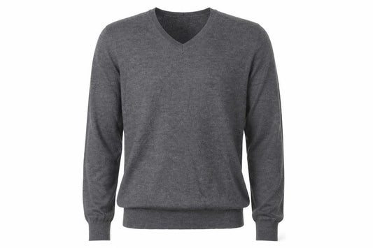 Front view of The Kooples Men's Grey Wool V-Neck Jumper, size M, Classic Knit