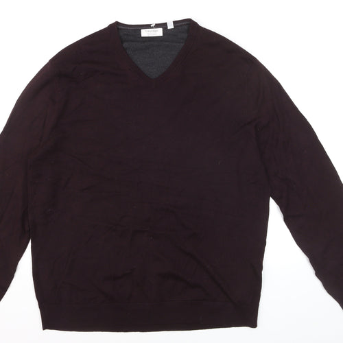 Calvin Klein Men's Brown XL V-Neck Merino Wool Jumper