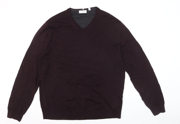 Calvin Klein Men's Brown XL V-Neck Merino Wool Jumper