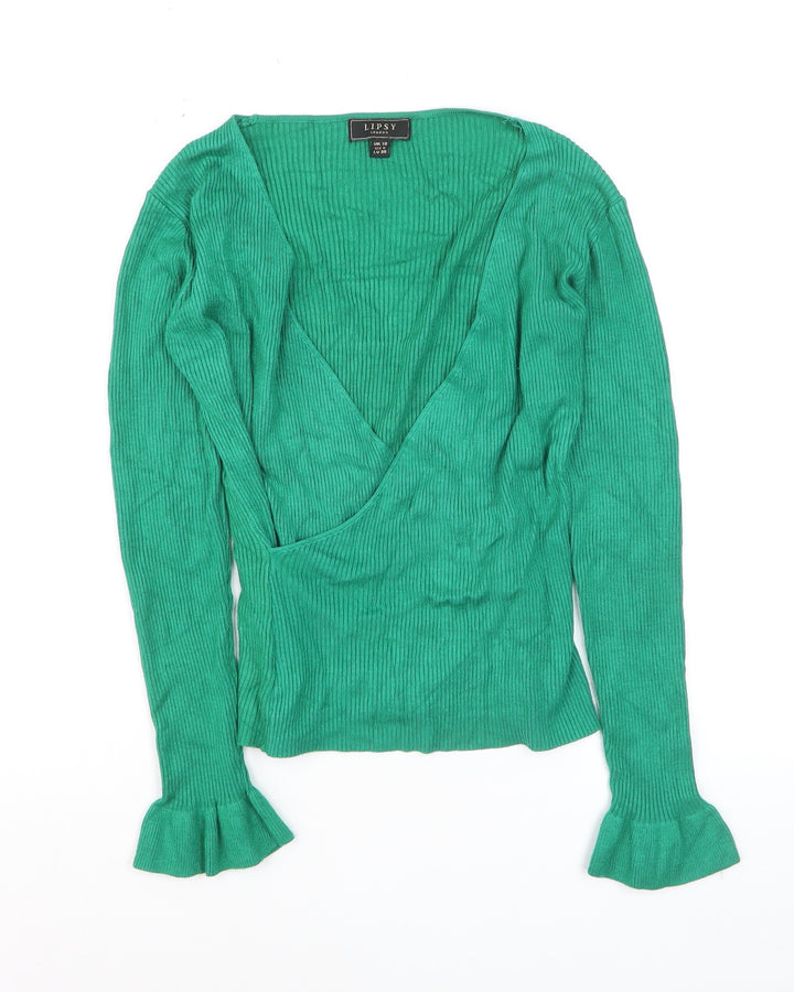 Lipsy Women’s Green V-Neck Slim Fit Long Sleeve Jumper Size 10