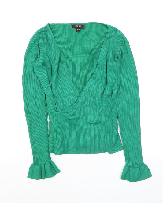 Lipsy Women’s Green V-Neck Slim Fit Long Sleeve Jumper Size 10