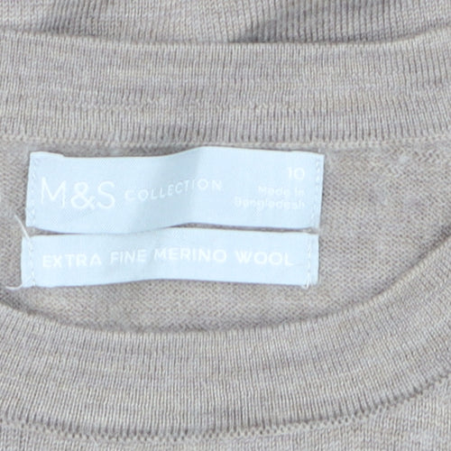 Marks and Spencer Women Beige Size 10 Crew Neck Merino Wool Jumper