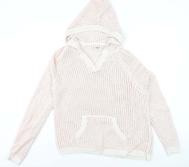 FatFace Women’s Pink Open-Knit Hooded Cotton Jumper UK 18