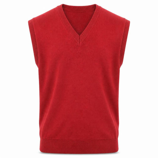 Front view of Fletcher Jones Men's Red Wool V-Neck Sleeveless Vest M