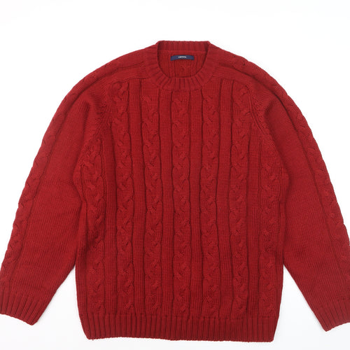 Cortefiel Men Red Cable-Knit Wool Blend Crew Neck Jumper L
