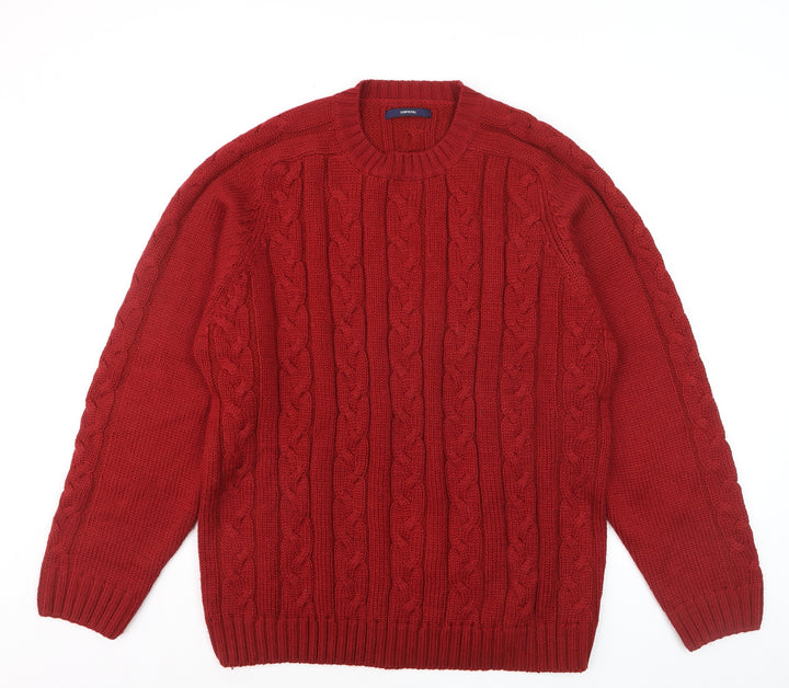 Cortefiel Men Red Cable-Knit Wool Blend Crew Neck Jumper L