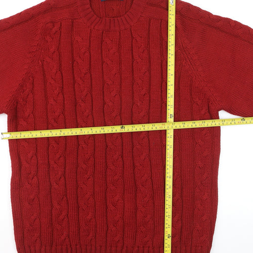 Cortefiel Men Red Cable-Knit Wool Blend Crew Neck Jumper L