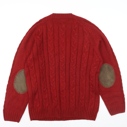 Cortefiel Men Red Cable-Knit Wool Blend Crew Neck Jumper L