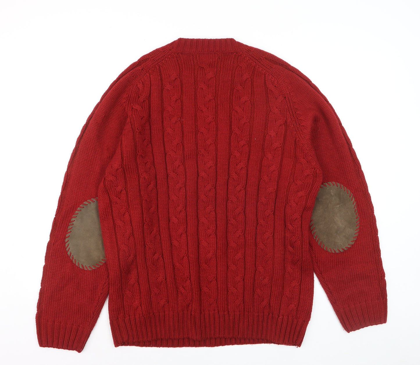 Cortefiel Men Red Cable-Knit Wool Blend Crew Neck Jumper L
