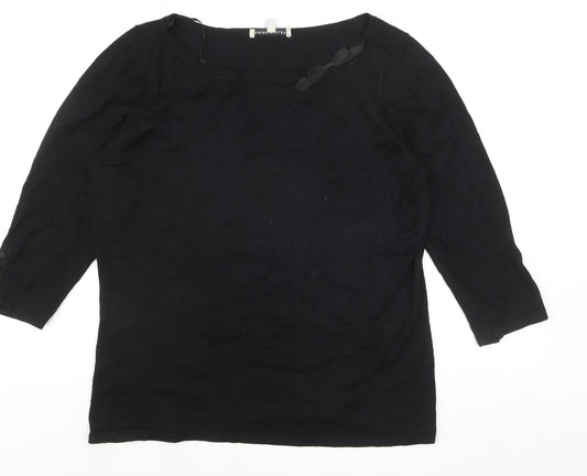 Laura Ashley Women Black Cotton 3/4 Sleeve Bow Pullover Jumper Size 16