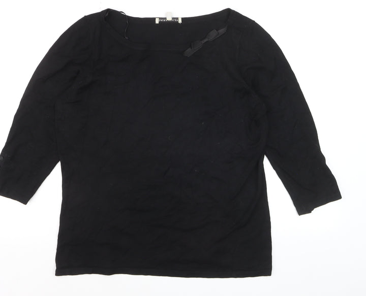 Laura Ashley Women Black Cotton 3/4 Sleeve Bow Pullover Jumper Size 16