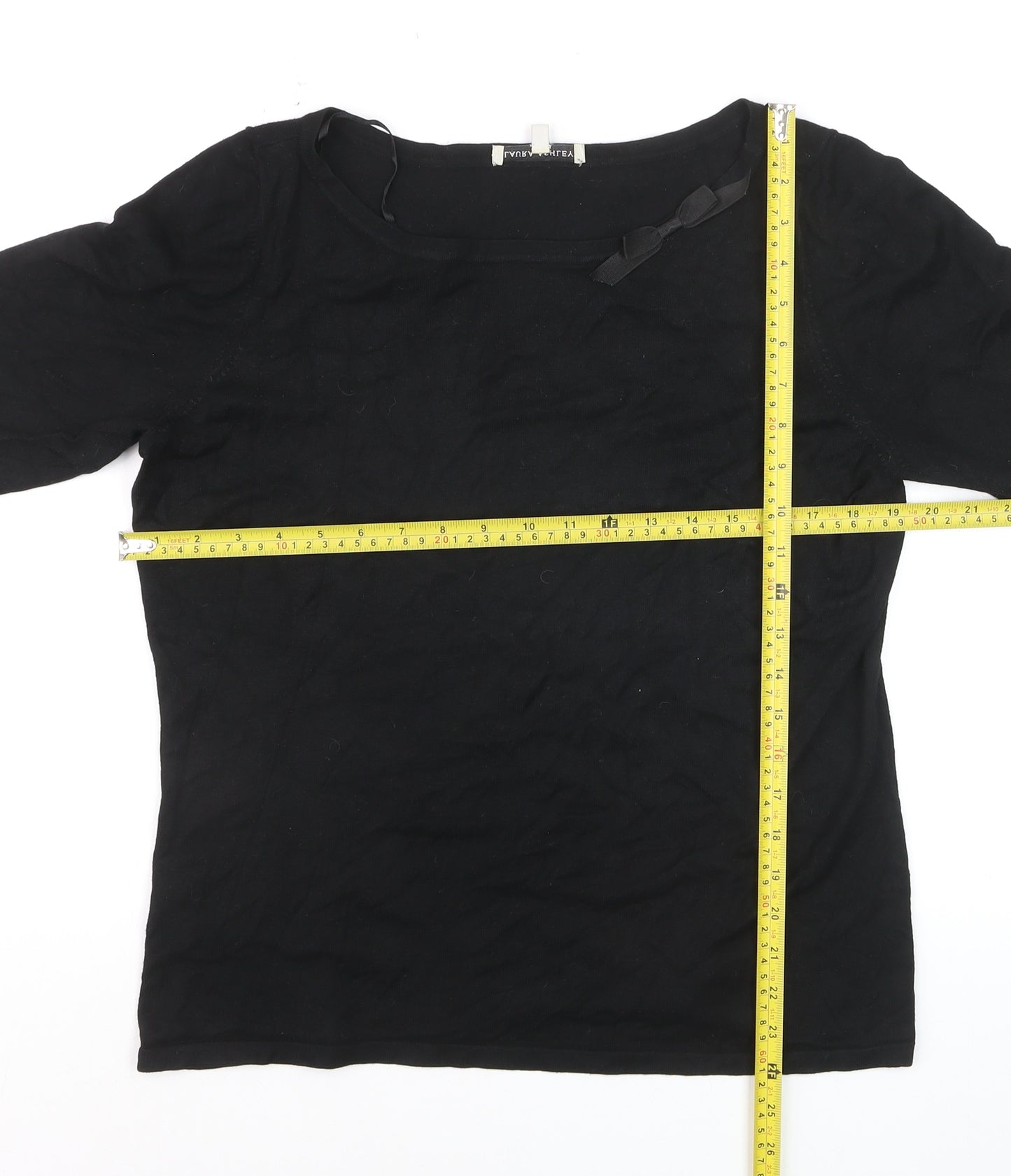 Laura Ashley Women Black Cotton 3/4 Sleeve Bow Pullover Jumper Size 16