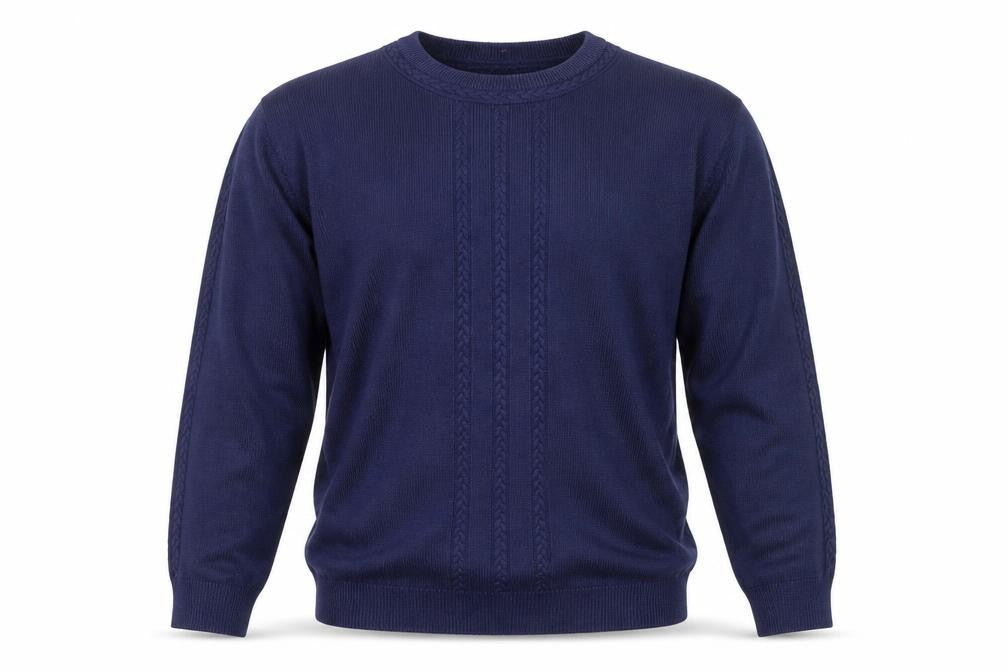 Front view of Principles unisex blue acrylic cable knit crew neck jumper, size S