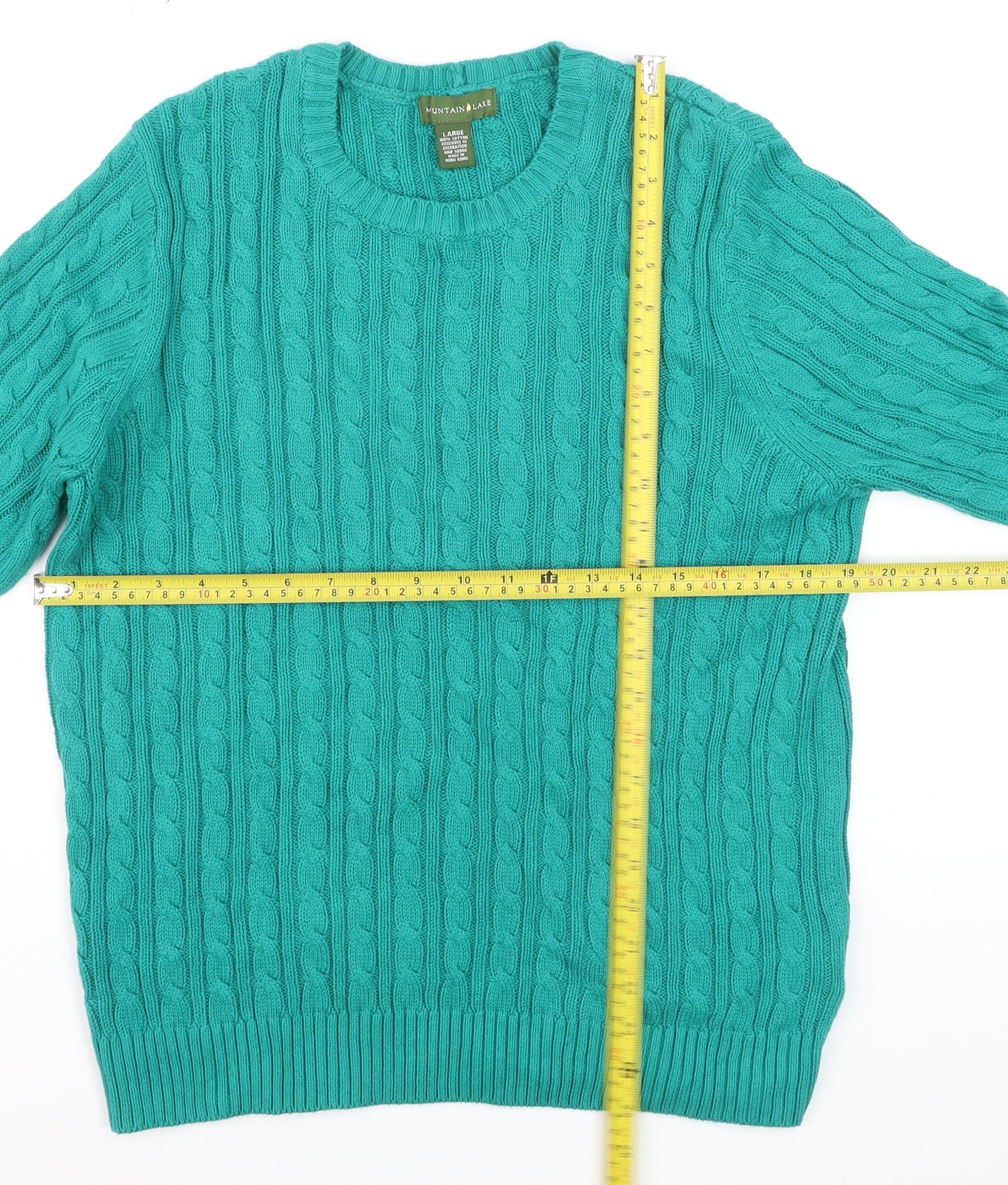 Mountain Lake Men's Green Cable-Knit Cotton Jumper Size L