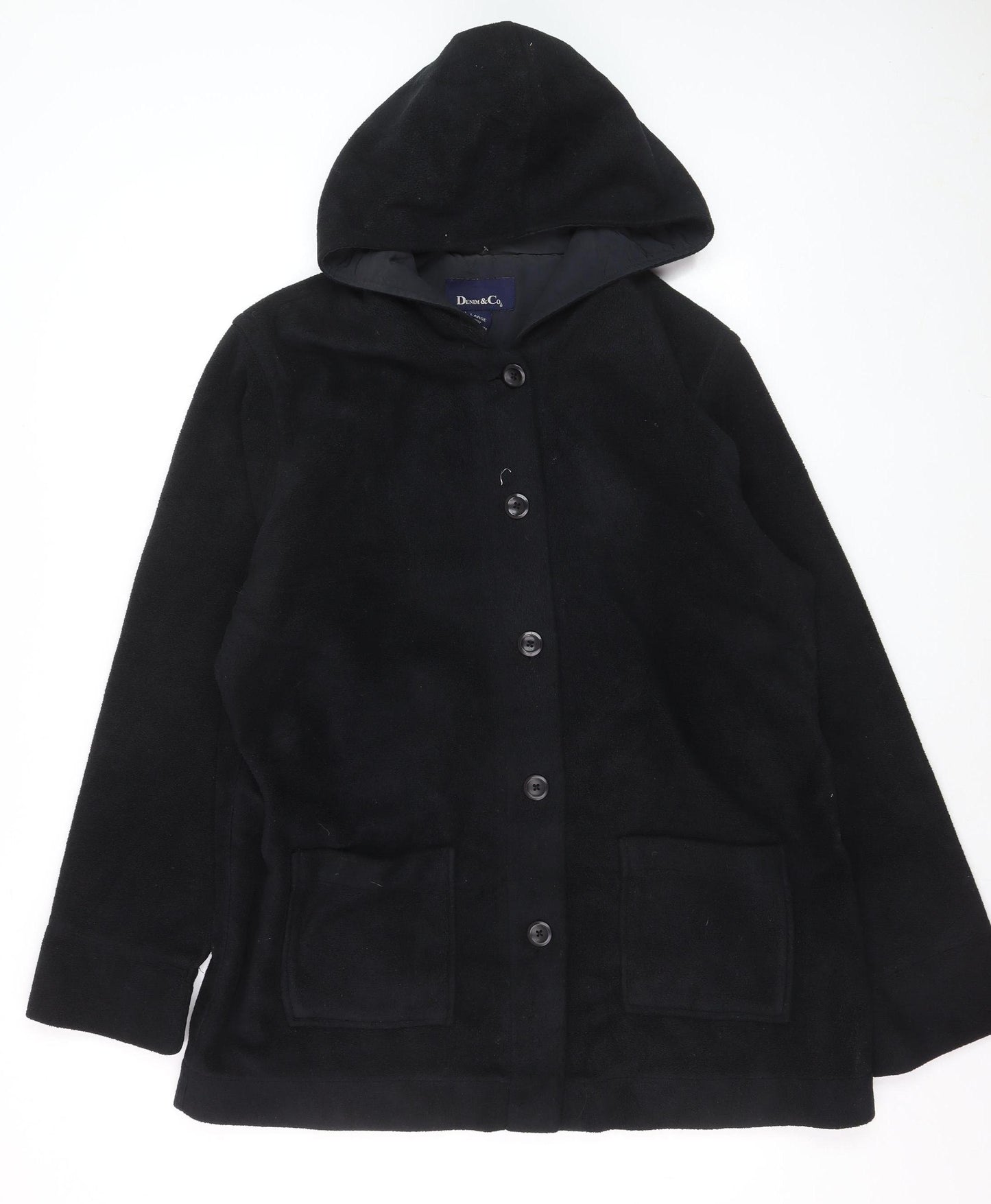 Denim & Co Women’s Black Hooded Fleece Coat Size L Button Front