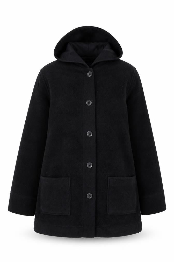 Denim & Co Women’s Black Hooded Fleece Coat Size L Button Front