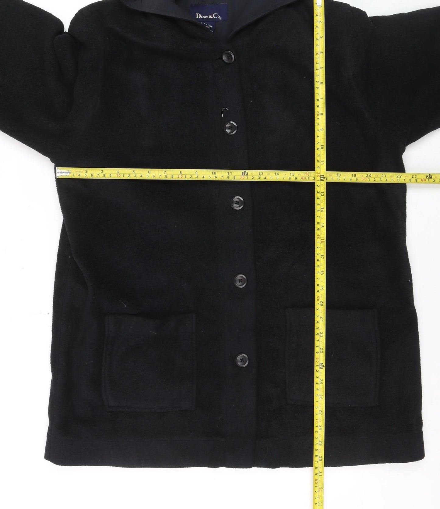 Denim & Co Women’s Black Hooded Fleece Coat Size L Button Front