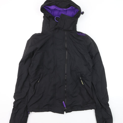 Superdry Women Black Windbreaker Jacket Size 10 Hooded Zip Logo