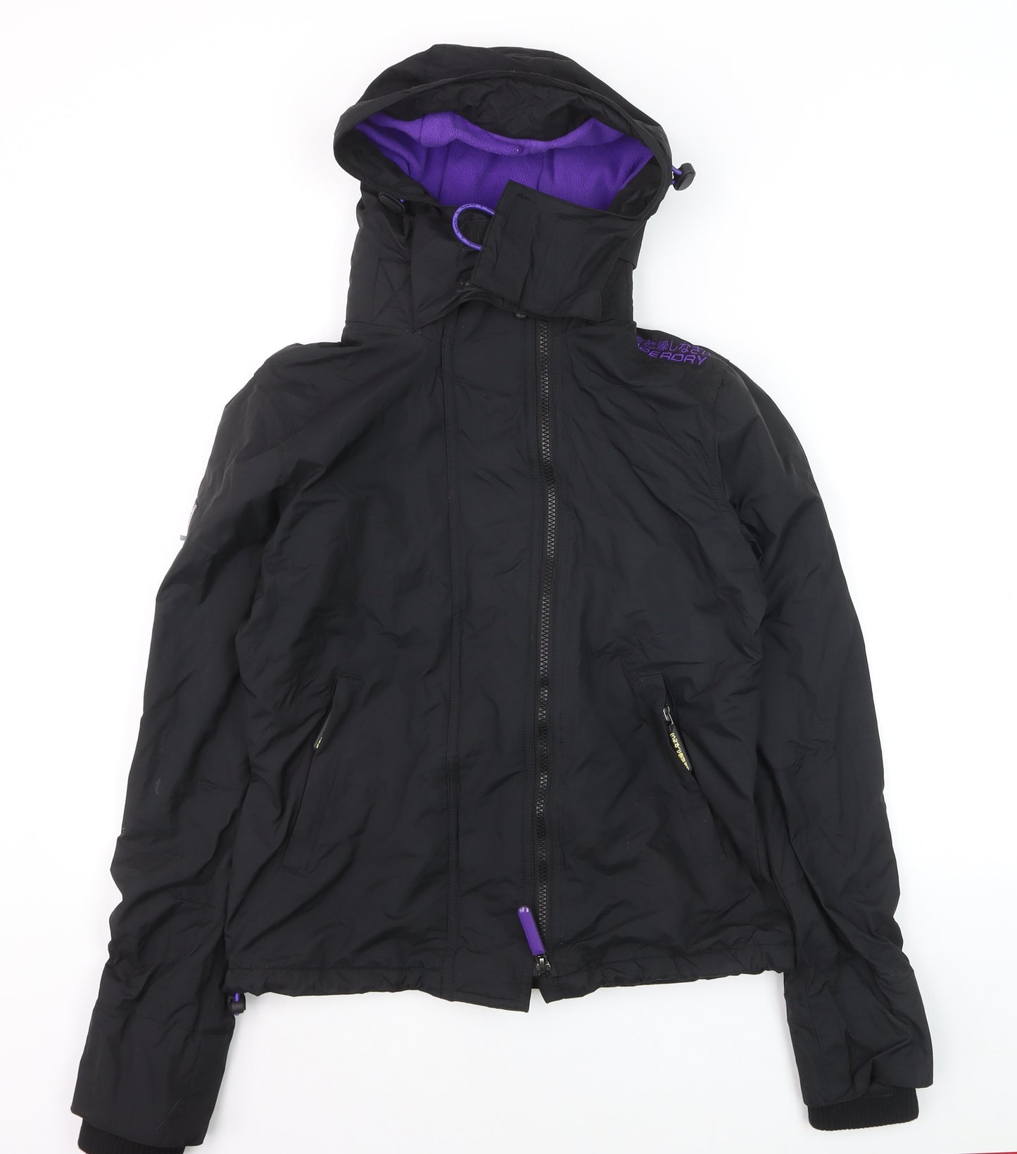 Superdry Women Black Windbreaker Jacket Size 10 Hooded Zip Logo