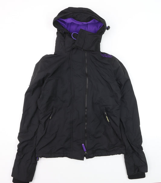 Superdry Women Black Windbreaker Jacket Size 10 Hooded Zip Logo