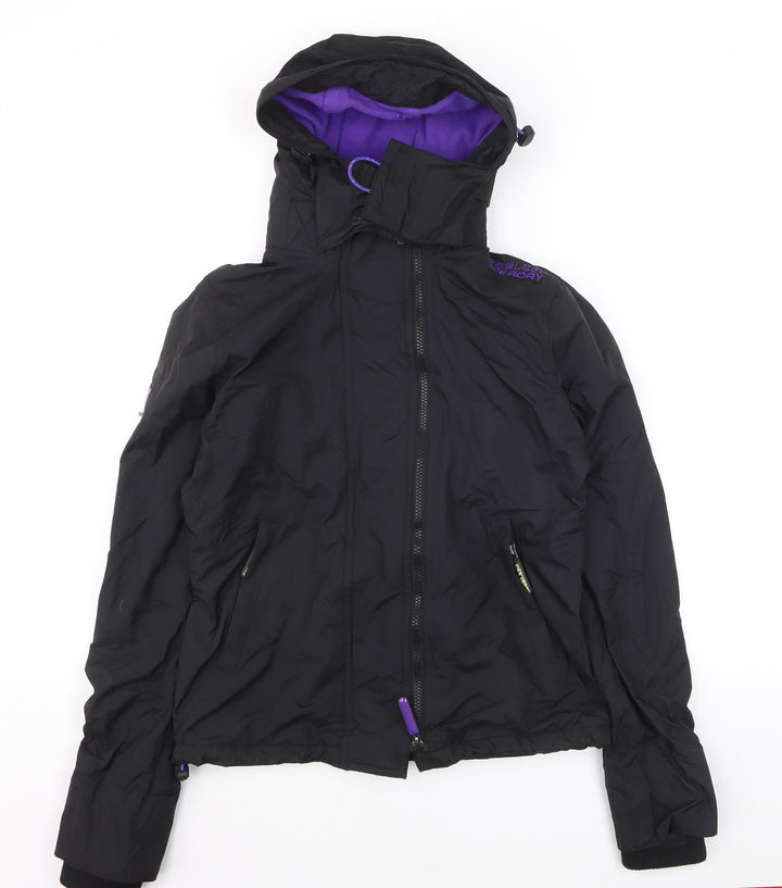 Superdry Women Black Windbreaker Jacket Size 10 Hooded Zip Logo