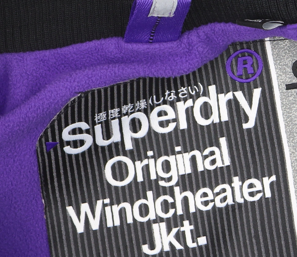 Superdry Women Black Windbreaker Jacket Size 10 Hooded Zip Logo