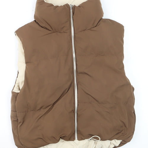 Bershka Women Brown Puffer Sleeveless Mid-Length Waistcoat Size M