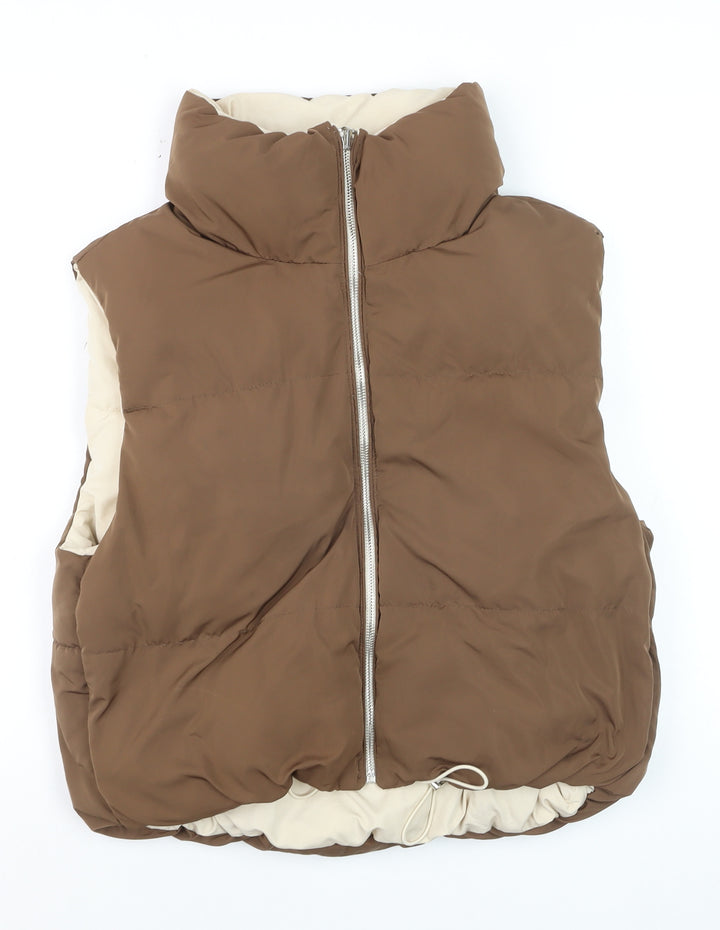 Bershka Women Brown Puffer Sleeveless Mid-Length Waistcoat Size M