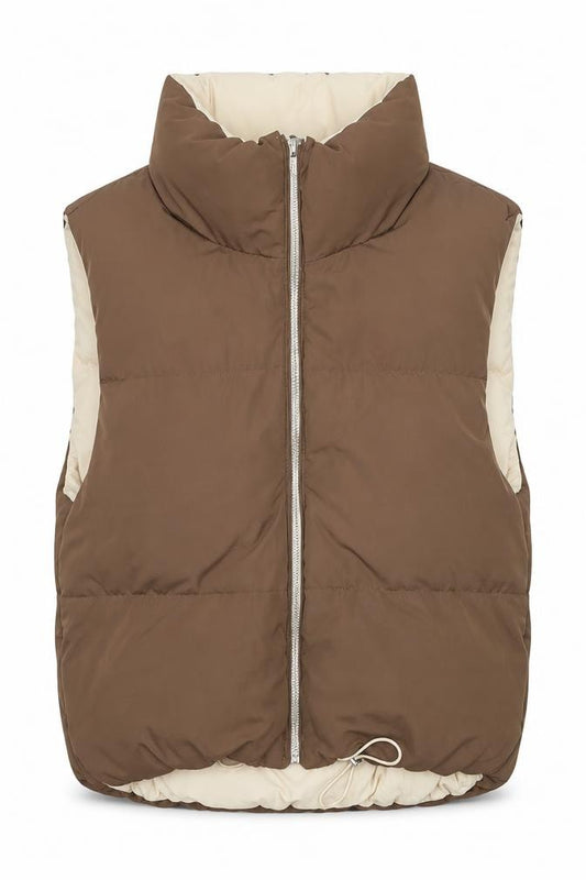 Front view of Bershka Women Brown Puffer Sleeveless Mid-Length Waistcoat, size M