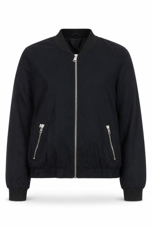 Front view of River Island Women's Black Bomber Jacket, size 10, Zip Casual Lined