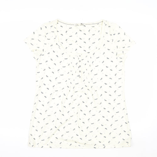 Fat Face Women Ivory Feather Print Button Front T-Shirt Size 12